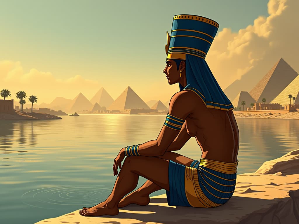  a young pharaoh in a reflective pose, seated beside a calm nile, adorned in golden jewelry and a form fitting royal headdress, gazing into the water, symbolizing self discovery. the style is digital art illustration / modern comic book / mysterious occult, symbolic, esoteric vibe,high detail on character design, incorporating ancient egyptian symbology and attire.