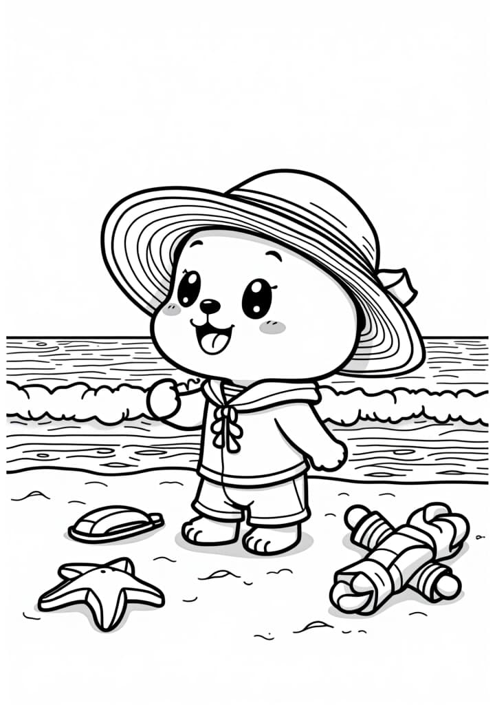  a coloring book page showing a cute korean happily exploring the beach and watching the sea, chibi style with waves and beach toys around him, white backgroundhyper detail, intricate details, sharp focus, high resolution, 8k, ultra detailed, vib