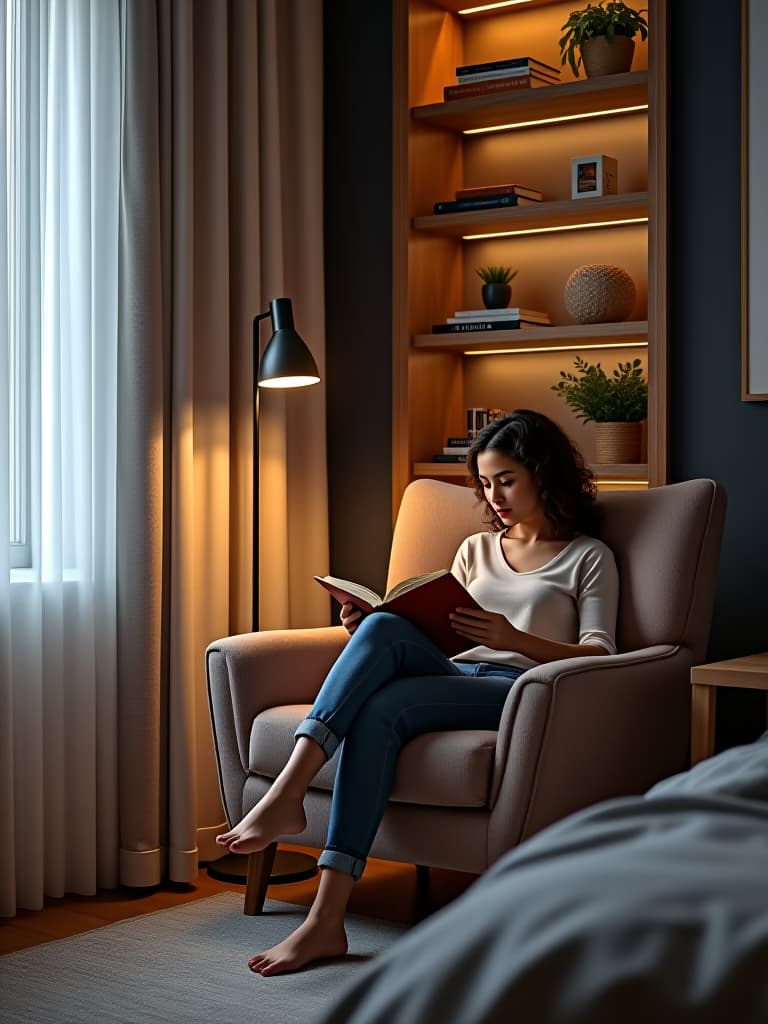  high quality portrait photo of a cozy reading nook in a modern bedroom, featuring a plush armchair, a sleek floor lamp, and a built in bookshelf with carefully curated decor items hyperrealistic, full body, detailed clothing, highly detailed, cinematic lighting, stunningly beautiful, intricate, sharp focus, f/1. 8, 85mm, (centered image composition), (professionally color graded), ((bright soft diffused light)), volumetric fog, trending on instagram, trending on tumblr, HDR 4K, 8K