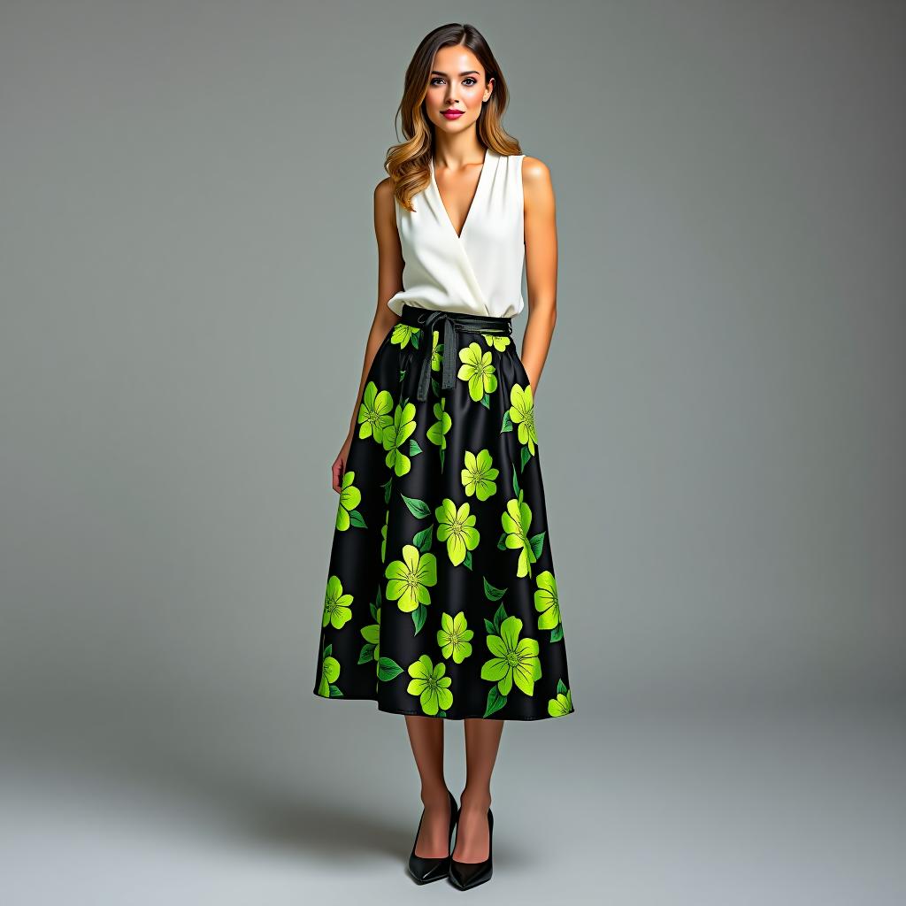  create a full body image of a woman standing elegantly, wearing a tailored fit lightweight satin skirt with a smooth finish, featuring a floral pattern in black (rgb(0,0,0)) and neon green (rgb(76,246,4)).