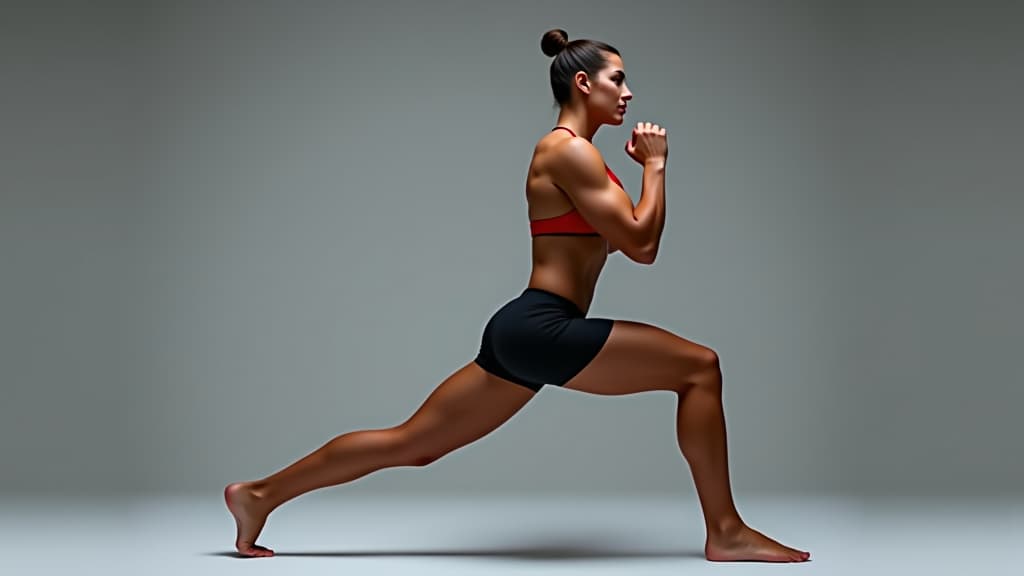  a fitness model holding a dynamic lunge position, with defined leg muscles and a strong, stable posture.