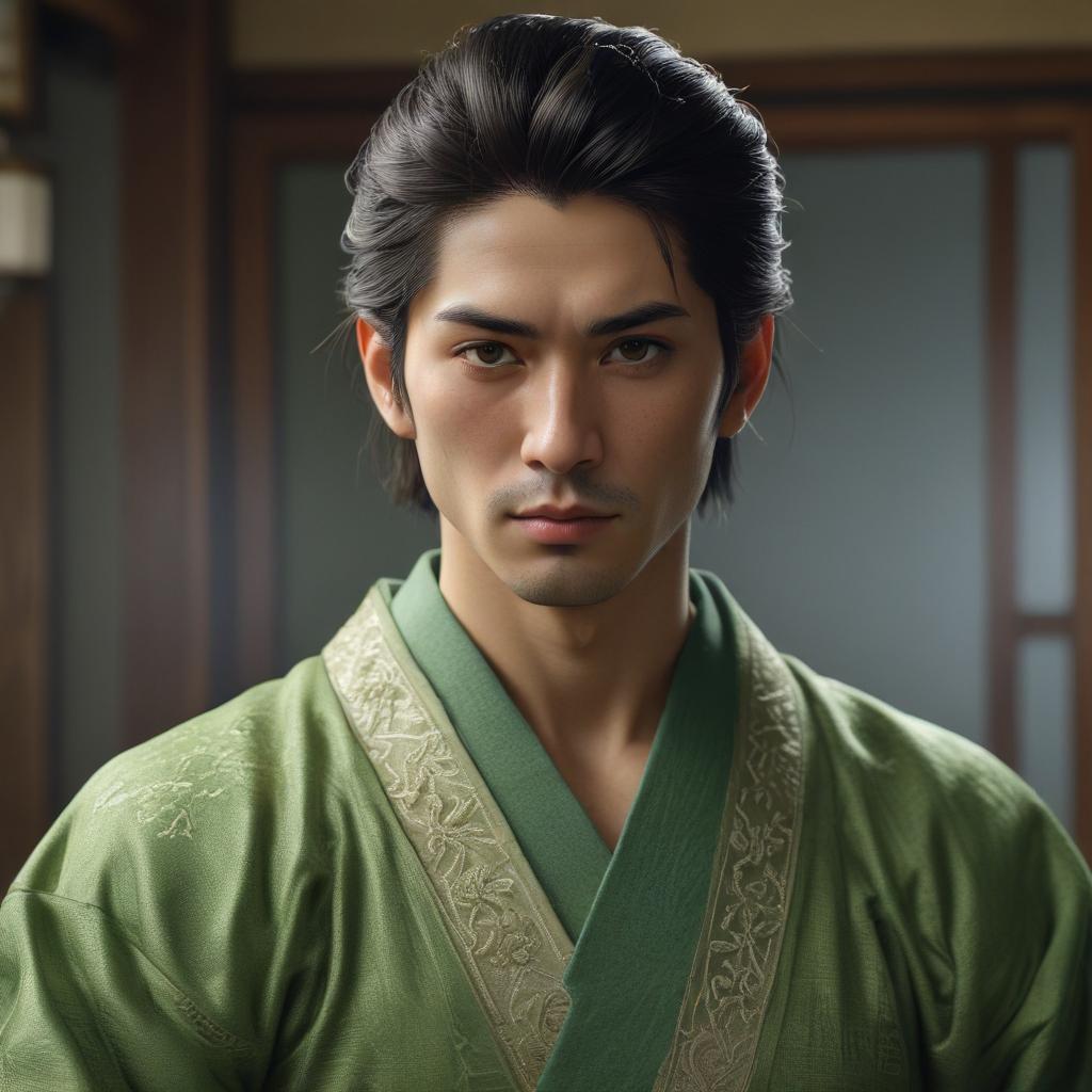 ((masterpiece)),(((best quality))), 8k, high detailed, ultra detailed, A handsome character of Zundaemon, Zundaemon, green color palette, traditional Japanese clothing, serene expression hyperrealistic, full body, detailed clothing, highly detailed, cinematic lighting, stunningly beautiful, intricate, sharp focus, f/1. 8, 85mm, (centered image composition), (professionally color graded), ((bright soft diffused light)), volumetric fog, trending on instagram, trending on tumblr, HDR 4K, 8K