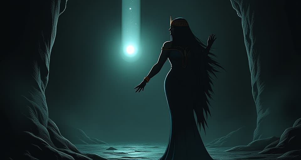  a dark, cavernous space with a single beam of light piercing through the darkness, illuminating a large busted goddess in a clingy, form fitting dress, her hand outstretched as if drawing the light towards her, symbolizing drawing light from darkness. the style is digital art illustration / modern comic book / mysterious occult, symbolic, esoteric vibe,high detail on character design, incorporating ancient egyptian symbology and attire.