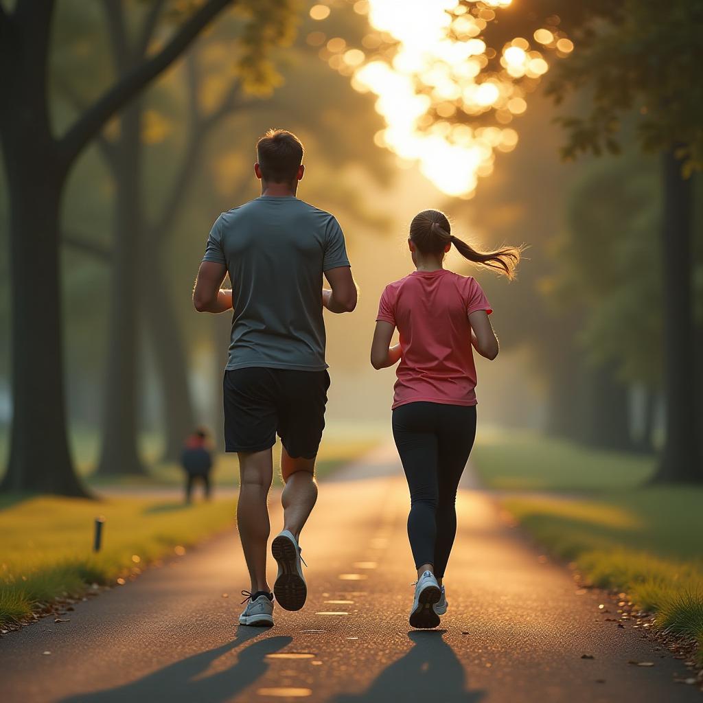  a guy and a girl are jogging in the city park. hyperrealistic, full body, detailed clothing, highly detailed, cinematic lighting, stunningly beautiful, intricate, sharp focus, f/1. 8, 85mm, (centered image composition), (professionally color graded), ((bright soft diffused light)), volumetric fog, trending on instagram, trending on tumblr, HDR 4K, 8K