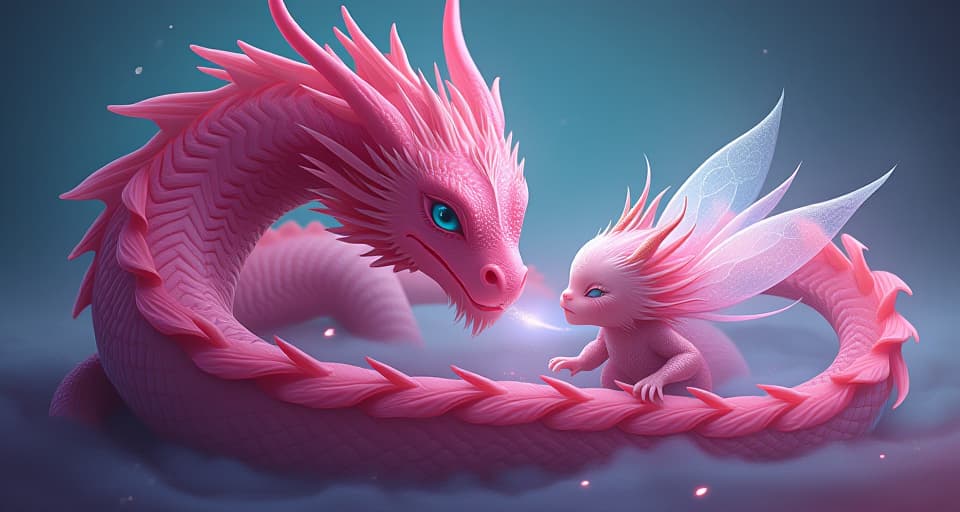  the pink dragon gently curling around a delicate magical creature, symbolizing the true strength found in gentleness, a soft glow illuminating their connection. the style is digital art illustration,highly detailed, whimsical,magical, dreamlike atmosphere, realism and fantasy blend, smooth, glossy textures,luminous quality, wonder and enchantment.