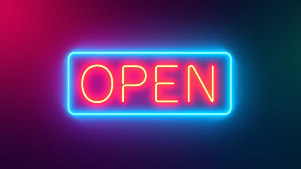  3d neon gradient "open" sign on a colorful background