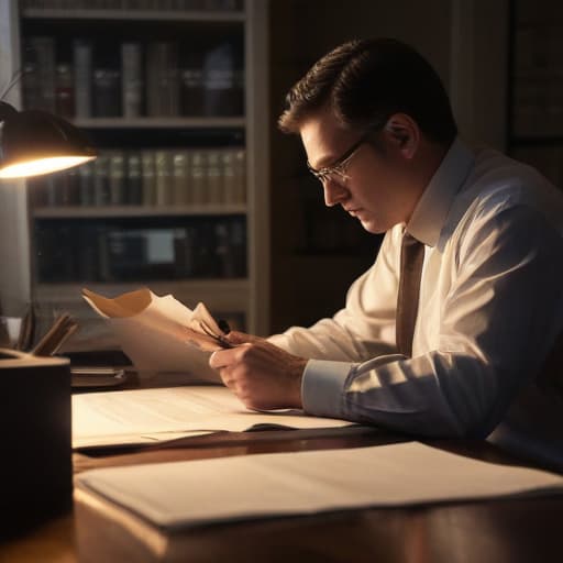 A photo of a car accident attorney reviewing case files in a dimly lit office during early evening with dramatic shadows casting across the desk.