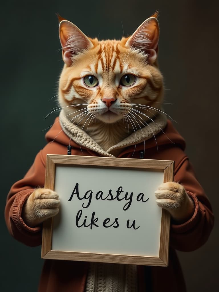  a cat holding agastya likes u board written in calligraphy hyperrealistic, full body, detailed clothing, highly detailed, cinematic lighting, stunningly beautiful, intricate, sharp focus, f/1. 8, 85mm, (centered image composition), (professionally color graded), ((bright soft diffused light)), volumetric fog, trending on instagram, trending on tumblr, HDR 4K, 8K