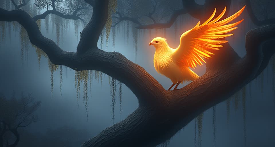  serene phoenix, its feathers glowing brightly, perched atop an ancient, mystical tree, surrounded by hanging, luminescent vines, embodying the search for a clear purpose.. the style is digital art illustration,highly detailed, whimsical,magical, dreamlike atmosphere, realism and fantasy blend, smooth, glossy textures,luminous quality, wonder and enchantment.