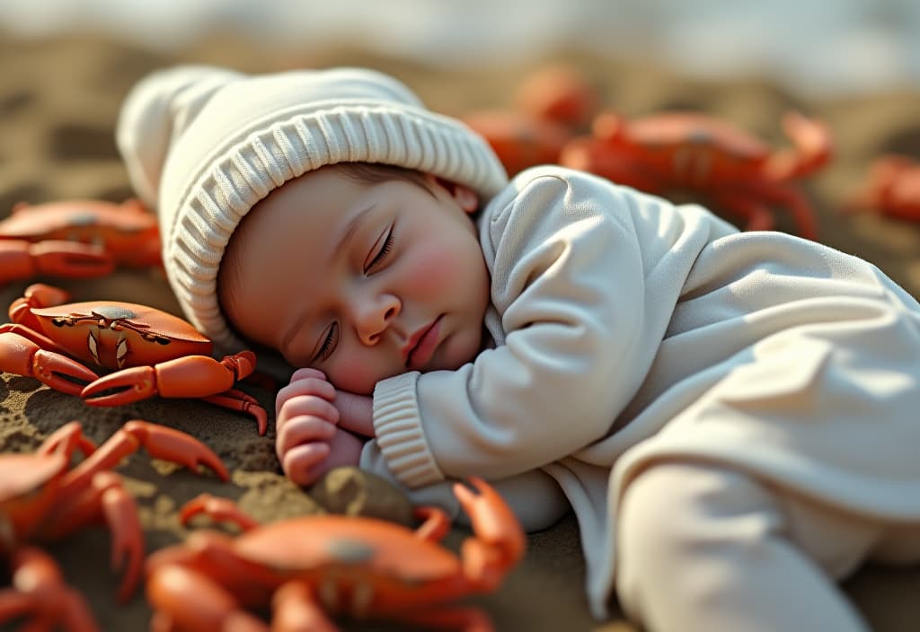  hyperrealistic art a newborn girl in a white coat and a hat sleeps on a stew on the beach, sunshine, a lot of crabs and tea. . extremely high resolution details, photographic, realism pushed to extreme, fine texture, incredibly lifelike hyperrealistic, full body, detailed clothing, highly detailed, cinematic lighting, stunningly beautiful, intricate, sharp focus, f/1. 8, 85mm, (centered image composition), (professionally color graded), ((bright soft diffused light)), volumetric fog, trending on instagram, trending on tumblr, HDR 4K, 8K