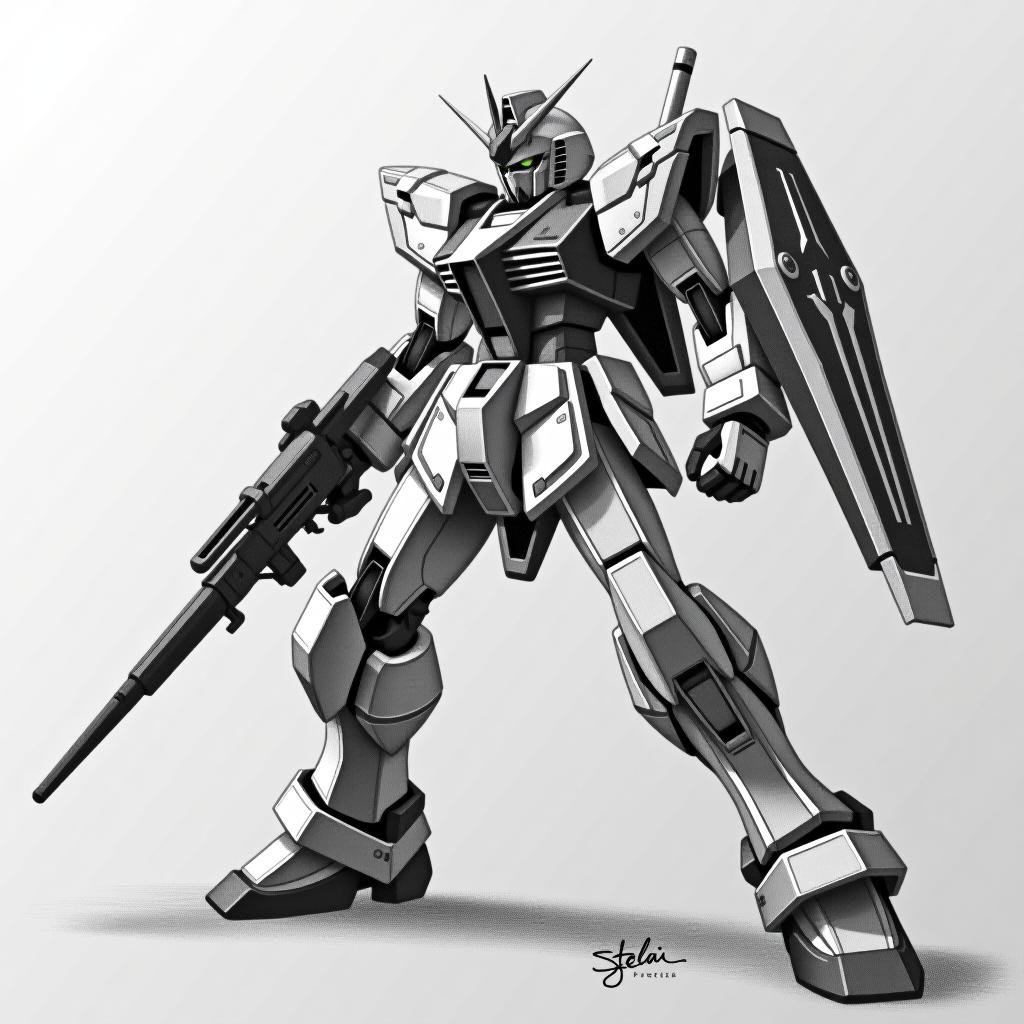  create a highly detailed pencil drawing of a gundam in a dynamic fighting stance. the gundam should be rendered with photorealistic precision, using intricate cross hatch shading to create depth and texture. emphasize intense contrast in lighting to bring out the sharp details and contours of the mecha. the overall image should have a dramatic, almost three dimensional feel, as if the gundam could step off the page. sign the drawing with the word 'stelai' at the bottom."