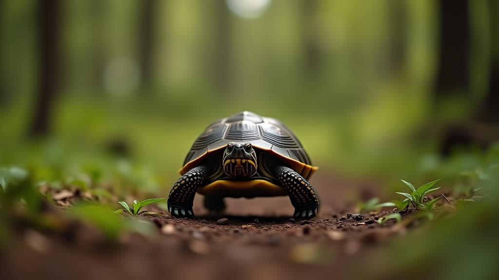  a turtle is running through the woods