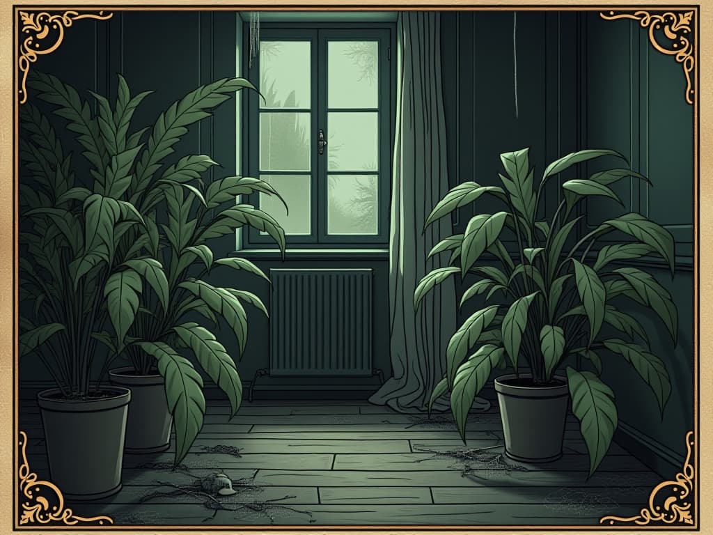  artificial plants in a gloomy room, lackluster appearance, plastic leaves reflecting dull light, cobwebs in corners, neglected and lifeless atmosphere, sense of desolation. an illustration in the style of a worn, mystical old tarot trump card, mysterious and elements of surrealism. the colors are muted, somber and eerie, but with contrast bring out an occult and esoteric vibe.