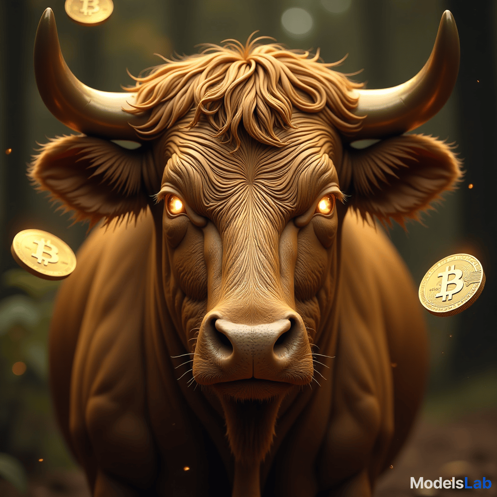  take a close up potrait shot of a golden bull face, its eyes glowing with energy and its fur reflecting light, surrounded by floating gold bitcoin coins. use a fujifilm gfx 100s and a 110mm lens to emphasize the fine details and textures, portraying it as a mystical creature that embodies wealth, epic, success and good fortune, 8k high resolution ar 9:16 s 250 v 6.1 hyperrealistic, full body, detailed clothing, highly detailed, cinematic lighting, stunningly beautiful, intricate, sharp focus, f/1. 8, 85mm, (centered image composition), (professionally color graded), ((bright soft diffused light)), volumetric fog, trending on instagram, trending on tumblr, HDR 4K, 8K