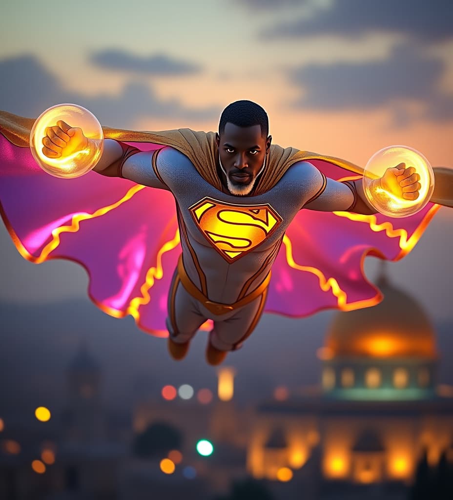  african superman king priest, flying over the dome of the rock in jerusalem, his cape is radiant iridescent gold electric blue magenta iridescent translucent, gold mli foil transparent iridescent lightsail cape. his suit is pearlescent white and golden glowing iridescent, gold, golden shining energy armor, iridescent glowing illuminated gold "s" on chest, kamehameha plasma power sphere iridescent flashing solar fireballs glowing from his lightning fists. glowing iridescent lightning eyes, short curly temple fade black hair on head, white platinum goatee beard.