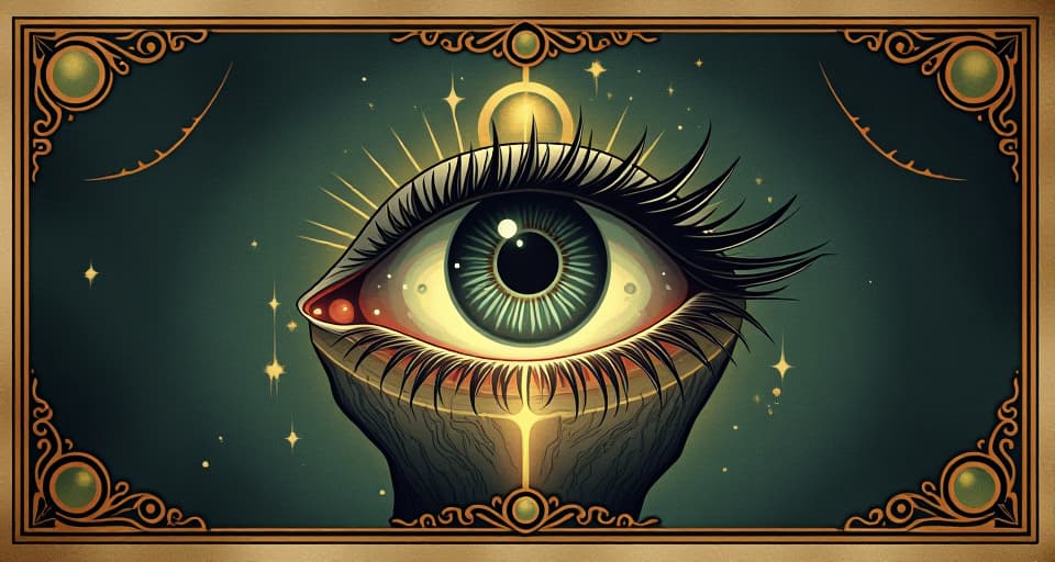  an eye within a glowing crystal, clarity, unfolding. an illustration in the style of a worn, mystical old tarot trump card, mysterious and elements of surrealism. the colors are muted, somber and eerie, but with contrast bring out an occult and esoteric vibe.