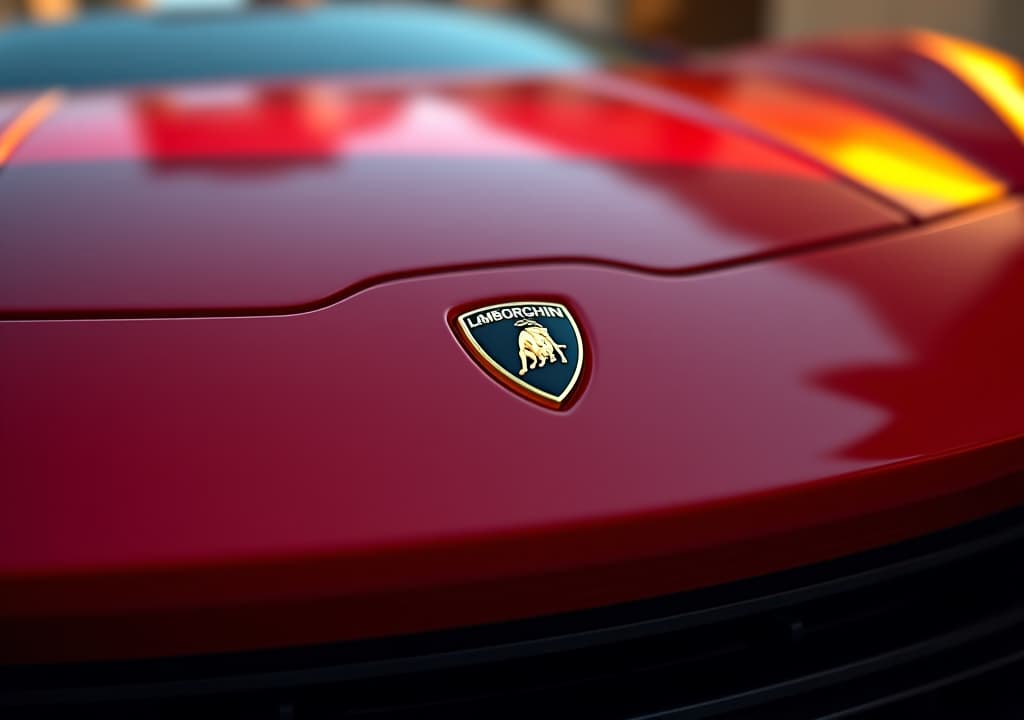  "a hyper realistic close up shot of the front grille of a red lamborghini huracán. the image focuses on the lamborghini emblem in the center of the grille, capturing the sleek and aggressive lines of the huracán. the grille's metallic surfaces reflect the warm, cinematic lighting, emphasizing the sharp contours and luxurious details of the car. the background is slightly blurred, keeping the attention on the emblem and the front part of the huracán, with a similar warm glow as seen in the mustang image."