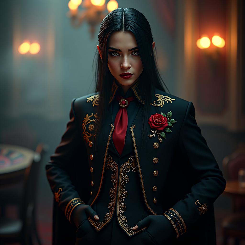  gothic style avatar with a nickname toshi on the theme of the fortuna/casino/billard . dark, mysterious, haunting, dramatic, ornate, detailed hyperrealistic, full body, detailed clothing, highly detailed, cinematic lighting, stunningly beautiful, intricate, sharp focus, f/1. 8, 85mm, (centered image composition), (professionally color graded), ((bright soft diffused light)), volumetric fog, trending on instagram, trending on tumblr, HDR 4K, 8K