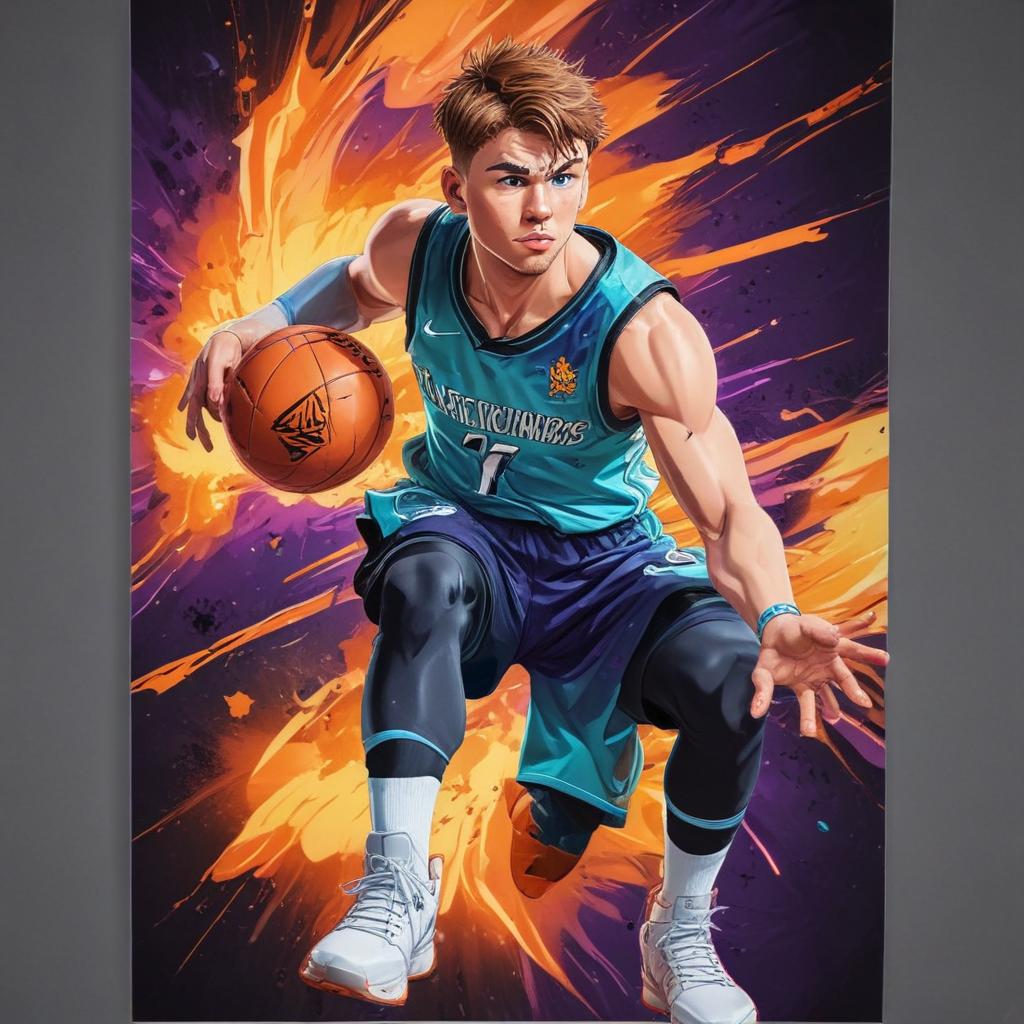 distance-shot, flashy, full-body, dynamic, holographic, animated cartoon poster of luka doncic in the style of dragon ball super