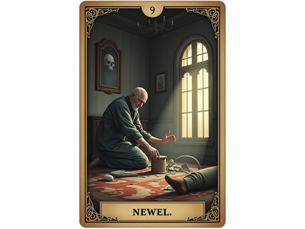  person removing broken items, decisive action, determination in face, room gradually brightening, sense of purpose, renewal. an illustration in the style of a worn, mystical old tarot trump card, mysterious and elements of surrealism. the colors are muted, somber and eerie, but with contrast bring out an occult and esoteric vibe.