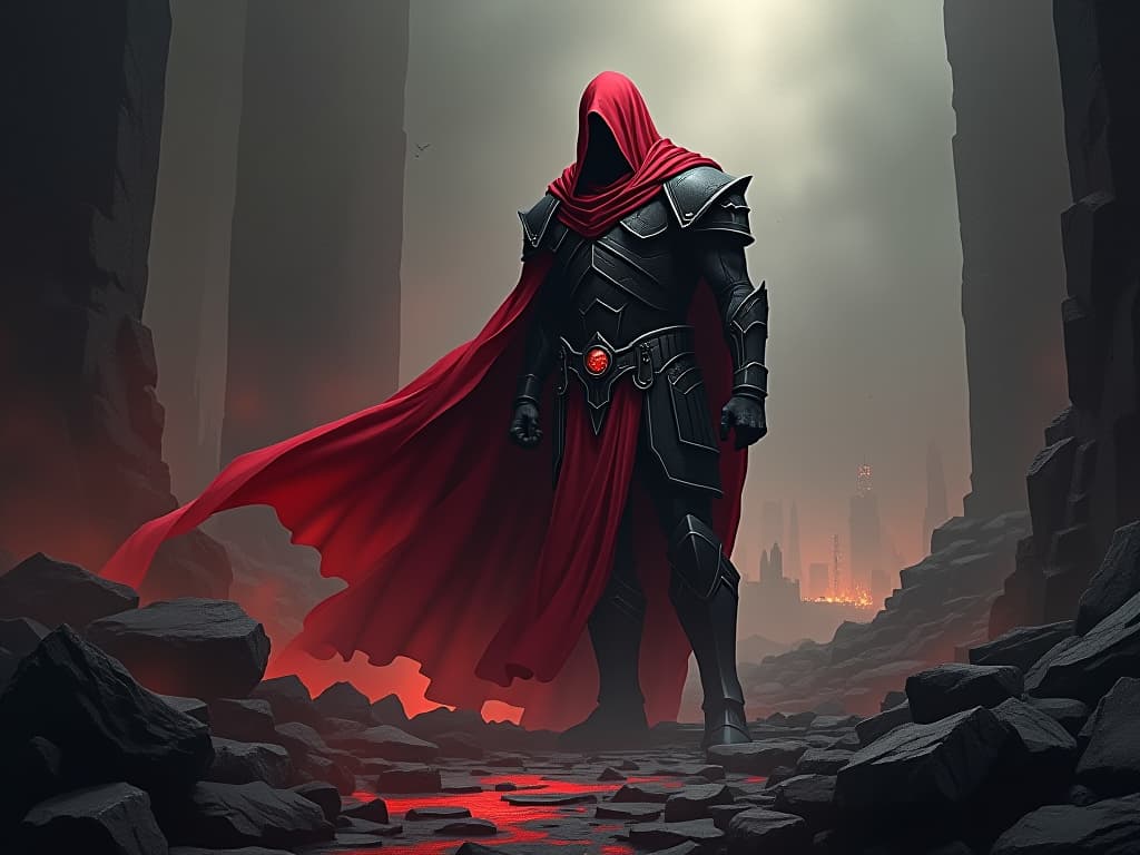  towering warrior in red, standing amid ruins, resilient posture, mood of unfaltering strength. the style is digital art illustration / modern comic book / graphic dark novel fantasy and mysterious occult, symbolic, moody lighting, esoteric vibe,high detail on character design. for the color scheme emphasize blacks and reds.