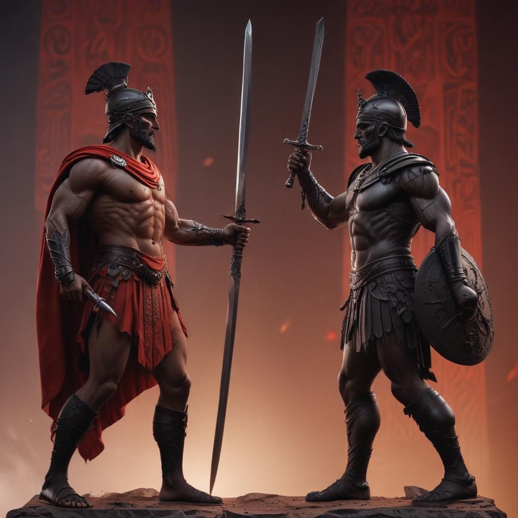 A monumental duel between Achilles and Hector, destined to be remembered throughout history. Illustrate the gravity of the moment as their swords meet, symbolizing the clash of titans. The setting is epic, with a sense of destiny hanging heavy in the air, foreshadowing the impact of this legendary encounter."in the style of classical Greek pottery art, with intricate black figures on a red background, depicting mythological scenes with a focus on gods and heroes, using a limited color palette of red, black, and white"This image is a breathtaking painting that captures the magical scene with vivid detail. The overall composition is spellbinding, showcasing a perfect harmony. photorealism fantasy, unreal engine 5, concept hyperrealistic, full body, detailed clothing, highly detailed, cinematic lighting, stunningly beautiful, intricate, sharp focus, f/1. 8, 85mm, (centered image composition), (professionally color graded), ((bright soft diffused light)), volumetric fog, trending on instagram, trending on tumblr, HDR 4K, 8K