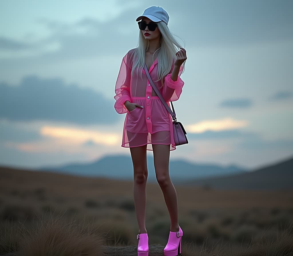  extra skinny anorexic young 2 ,((( full length photo))), high angle view, long wavy white hair, long nails, skinny face ,in a white baseball cap ((black sungl)) very tall and thin ((2)), (((skinny extra super long legs:1.4))), in a white baseball cap, transparent pink color pvc clothing transparent color vinyl clothing prismatic holographic chromatic aberration short raincoat , (((super extremally skinny long legs elegant shoes with high platform and thin super long heels:1.4))) , shoulder bag, holds hair with one hand as if straightening the other hand on the waist, ((stands sideways in an extravagant pose looks at the camera )) close up cloudy twilight in the grey field 4k, complex background, (intricate detai hyperrealistic, full body, detailed clothing, highly detailed, cinematic lighting, stunningly beautiful, intricate, sharp focus, f/1. 8, 85mm, (centered image composition), (professionally color graded), ((bright soft diffused light)), volumetric fog, trending on instagram, trending on tumblr, HDR 4K, 8K