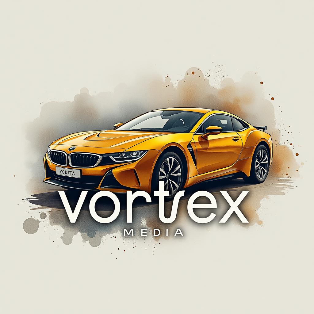  design a logo, watercolor style, logo of a car, gold color, with the text 'vortex media'.