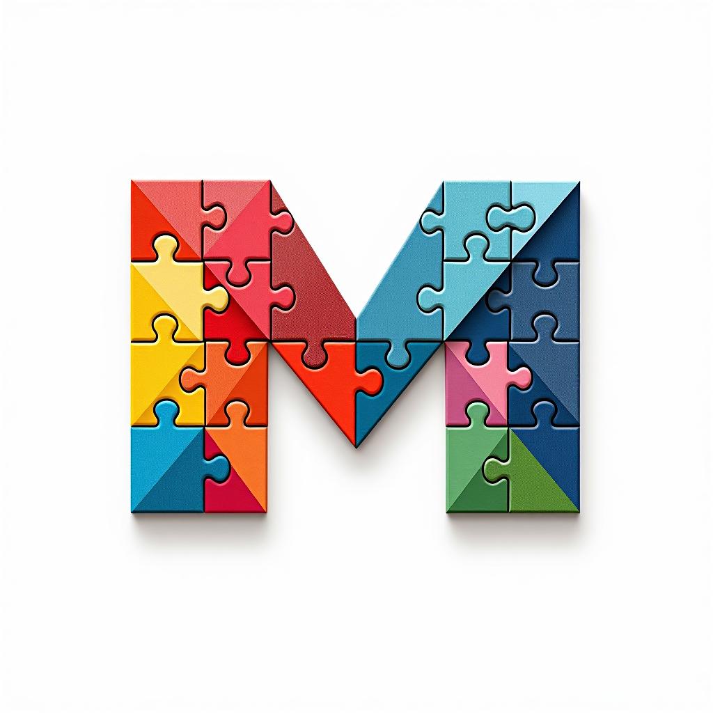  design a logo, abstract logo of letter m from colored puzzles on white background.