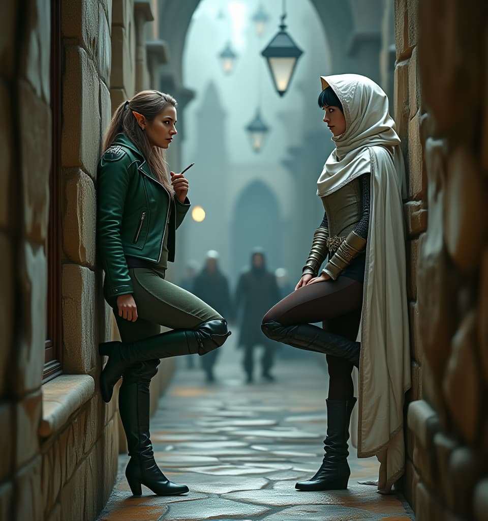  cinematic photo 2 women stand opposite each other in the fanatasy medieval city. one is a midle aged elf warrior with long brown hair and cigarette leans the wall with one high up leg. she wears in green leather jacket, green leather pants and black leather high heel boots. another is a young human sorcerer with short black hair and pink eyes leans the wall with one high up leg. she wears in white cloak with hood, white leather armour, black leather leggings and black leather high heel boots. full body, side view, hyperdetailed, 4k . 35mm photograph, film, bokeh, professional, 4k, highly detailed