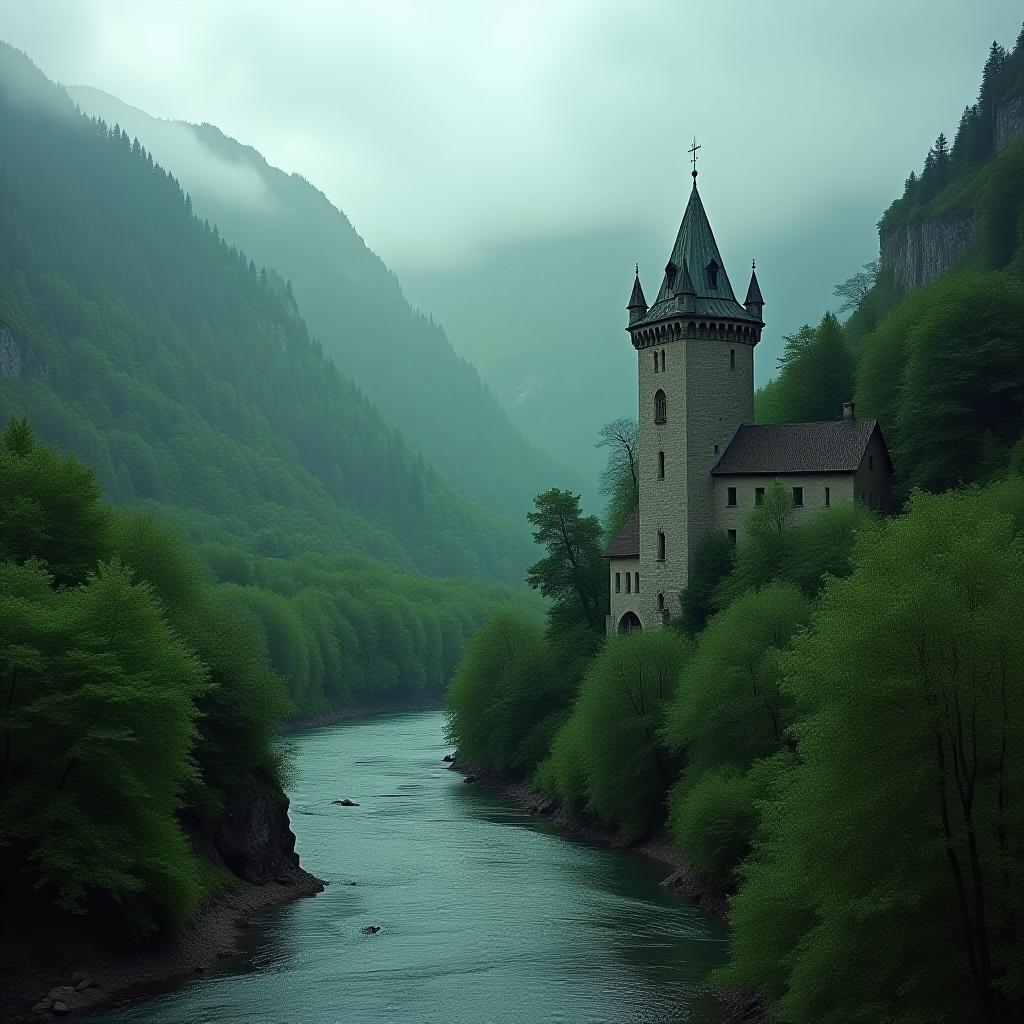  cinematic photo green mountains, a narrow river, cloudy weather, a narrow and high stone tower. . 35mm photograph, film, bokeh, professional, 4k, highly detailed hyperrealistic, full body, detailed clothing, highly detailed, cinematic lighting, stunningly beautiful, intricate, sharp focus, f/1. 8, 85mm, (centered image composition), (professionally color graded), ((bright soft diffused light)), volumetric fog, trending on instagram, trending on tumblr, HDR 4K, 8K