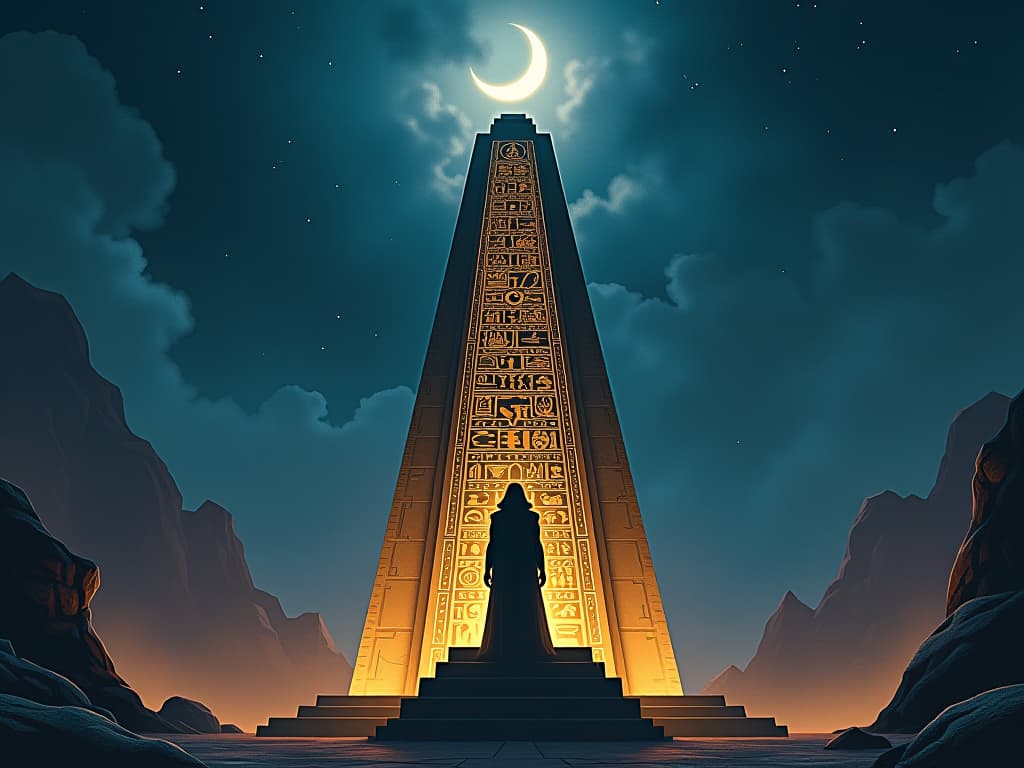  an elaborately carved stone obelisk, hieroglyphs glowing with ethereal light under the night sky, crescent moon overhead, mystical aura enveloping the scene, symbolizing divine signal. the style is digital art illustration / modern comic book / mysterious occult, symbolic, esoteric vibe,high detail on character design, incorporating ancient egyptian symbology and attire.