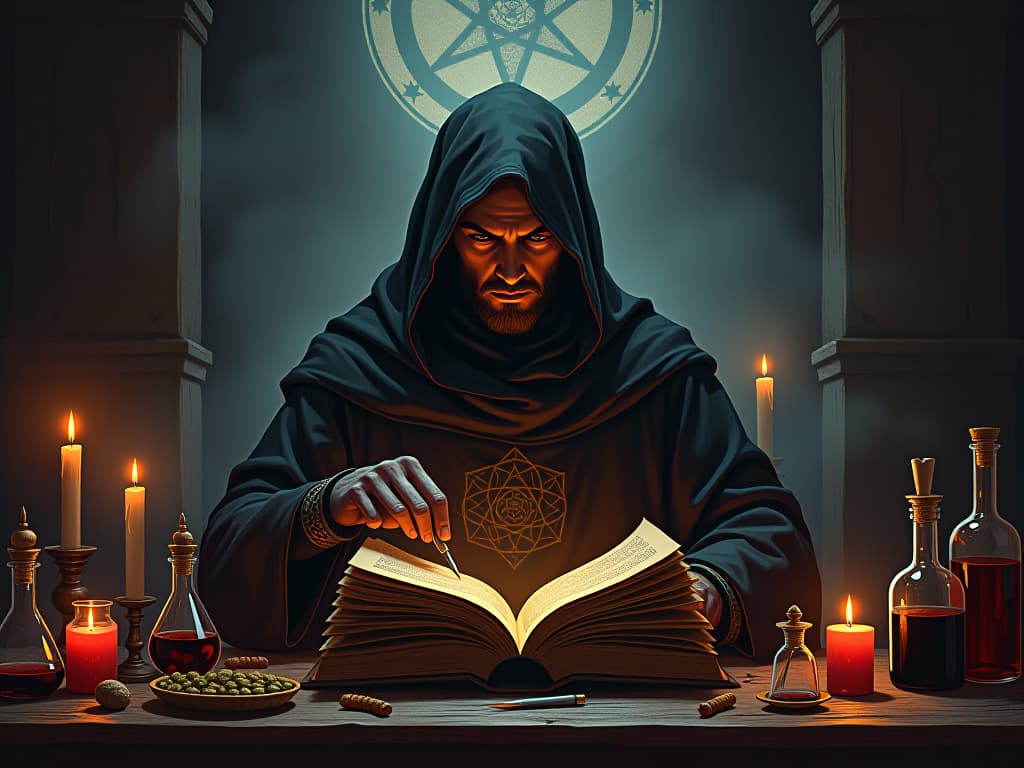  an alchemist studying ancient texts, surrounded by arcane symbols and ingredients. candlelit chamber, aura of mystery, self reflection, accountability.. the style is dark fantasy and mysterious occult, symbolic, moody lighting, esoteric vibe,high detail on character design. for the color scheme emphasize blacks and reds.