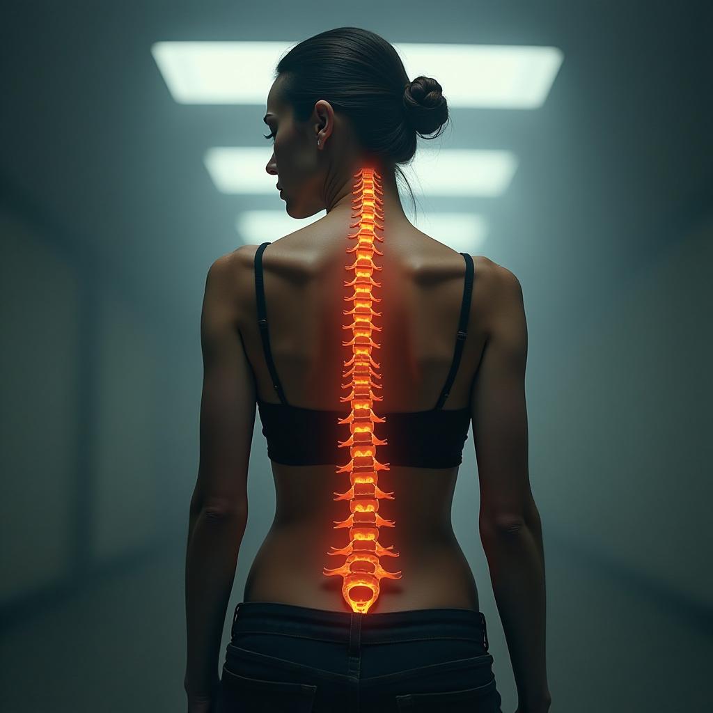  the spine in a woman's body. hyperrealistic, full body, detailed clothing, highly detailed, cinematic lighting, stunningly beautiful, intricate, sharp focus, f/1. 8, 85mm, (centered image composition), (professionally color graded), ((bright soft diffused light)), volumetric fog, trending on instagram, trending on tumblr, HDR 4K, 8K