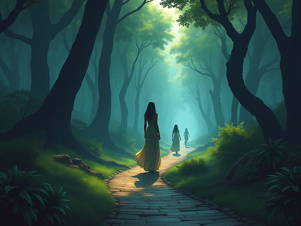  a winding path through an enchanted forest, illuminated by ethereal lights, large busted nymphs in flowing dresses, symbolizing the journey of awakening. the style is digital art illustration / modern comic book / mysterious occult, symbolic, esoteric vibe,high detail on character design, incorporating ancient egyptian symbology and attire.