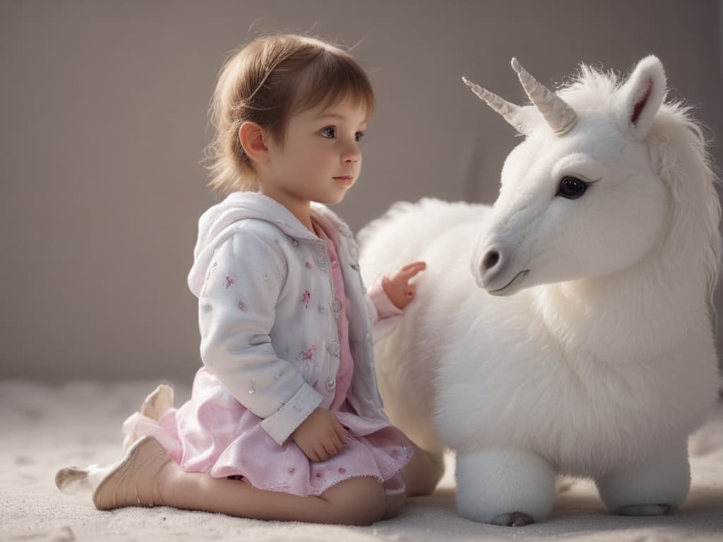 ultra realistic ((ultra realistic ((a child with a unicorn plush toy)))) hyperrealistic, full body, detailed clothing, highly detailed, cinematic lighting, stunningly beautiful, intricate, sharp focus, f/1. 8, 85mm, (centered image composition), (professionally color graded), ((bright soft diffused light)), volumetric fog, trending on instagram, trending on tumblr, HDR 4K, 8K