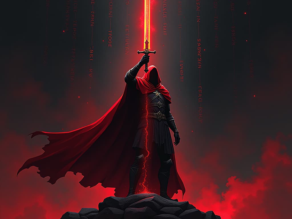  figure with raised sword, glowing with inscriptions of triumph, mood of victorious reflection. the style is digital art illustration / modern comic book / graphic dark novel fantasy and mysterious occult, symbolic, moody lighting, esoteric vibe,high detail on character design. for the color scheme emphasize blacks and reds.