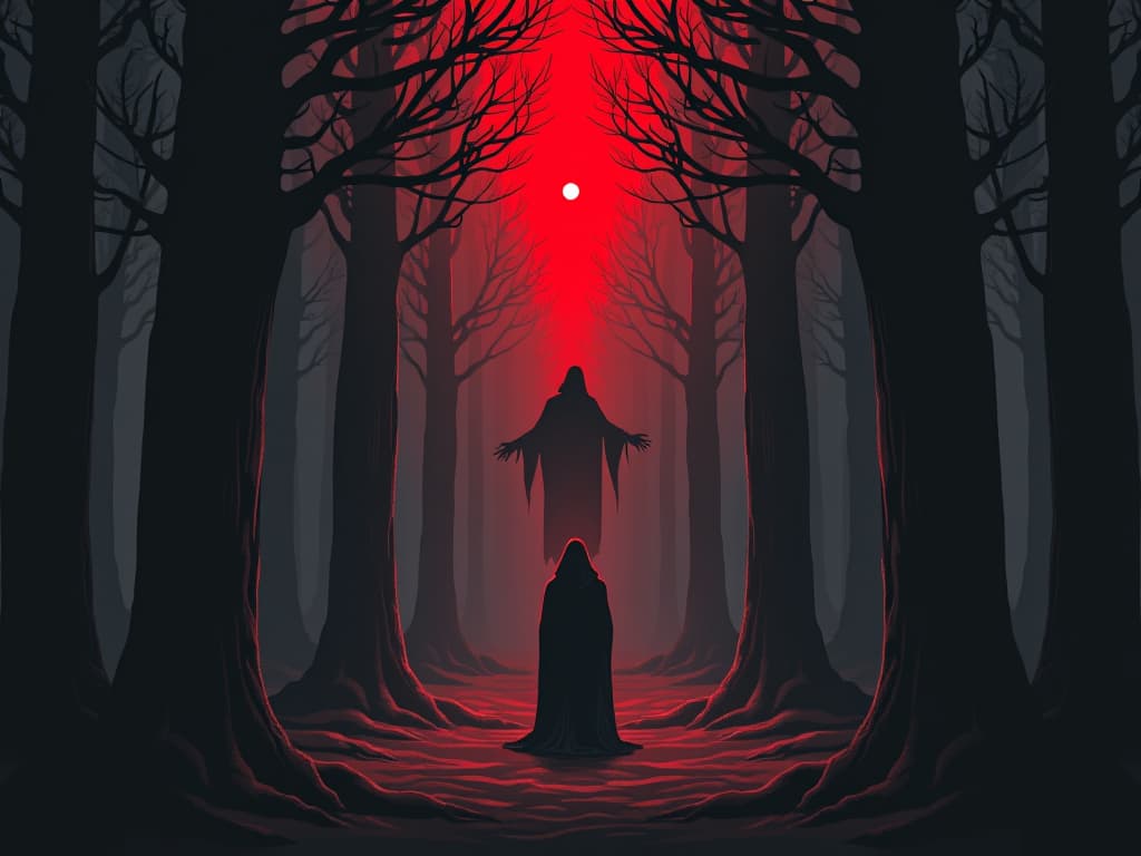  haunted forest, character trapped within, ghostly figures of judgment swirling around, mood of paralyzing fear and isolation. the style is dark fantasy and mysterious occult, symbolic, moody lighting, esoteric vibe,high detail on character design. for the color scheme emphasize blacks and reds.