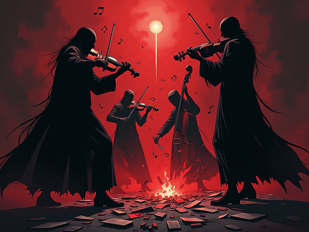  broken symphony, musical notes clashing, instruments in disarray, atmosphere of discord and chaos. the style is digital art illustration / modern comic book / graphic dark novel fantasy and mysterious occult, symbolic, moody lighting, esoteric vibe,high detail on character design. for the color scheme emphasize blacks and reds.