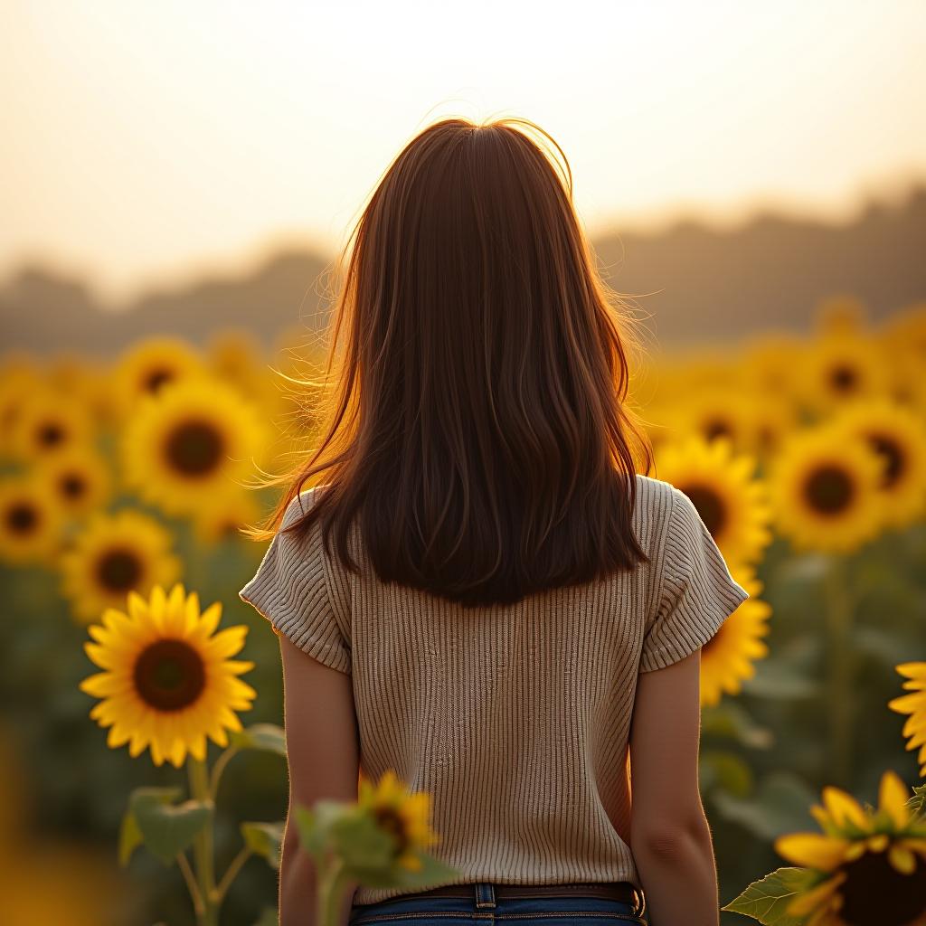  a brunette girl is standing with her back in a field of sunflowers.