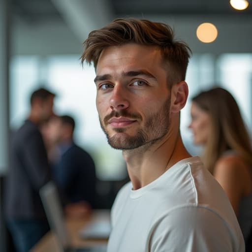  curious facial expression of nice young man with t shirt in foreground on the left side of picture, background with people in office talking to each other