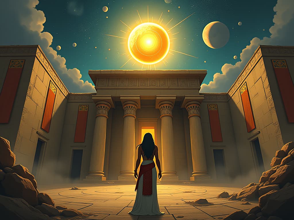  golden celestial orb above an ancient, weathered temple, radiating energy, symbolizing divine guidance and cosmic connection. the style is digital art illustration / modern comic book / mysterious occult, symbolic, esoteric vibe,high detail on character design, incorporating ancient egyptian symbology and attire.