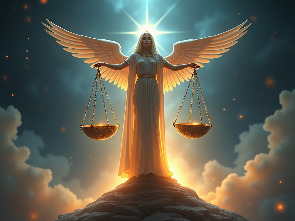  mystic balancing spiritual integrity, standing amidst glowing scales. celestial beings and radiant light symbolize balance's importance.. the style is digital art illustration,highly detailed, whimsical,magical, dreamlike atmosphere, realism and fantasy blend, smooth, glossy textures,luminous quality, wonder and enchantment.