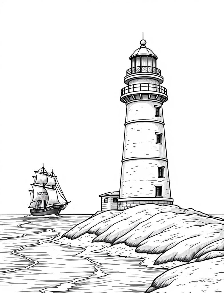  this is for an adult coloring page. a detailed black and white line art of a snowy snow covered lighthouse guiding ships through icy waters on a solid white background.