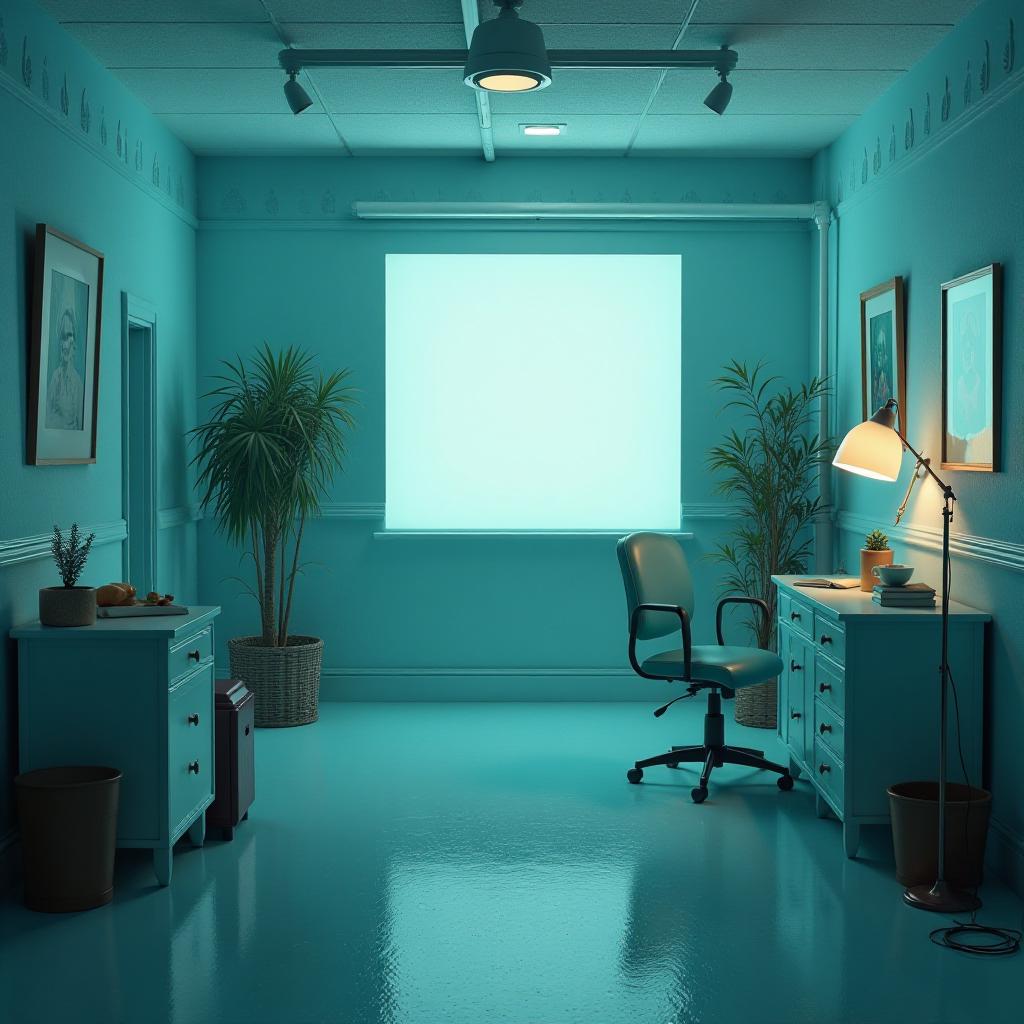  show the interior of a retro photo studio in light blue shades. hyperrealistic, full body, detailed clothing, highly detailed, cinematic lighting, stunningly beautiful, intricate, sharp focus, f/1. 8, 85mm, (centered image composition), (professionally color graded), ((bright soft diffused light)), volumetric fog, trending on instagram, trending on tumblr, HDR 4K, 8K