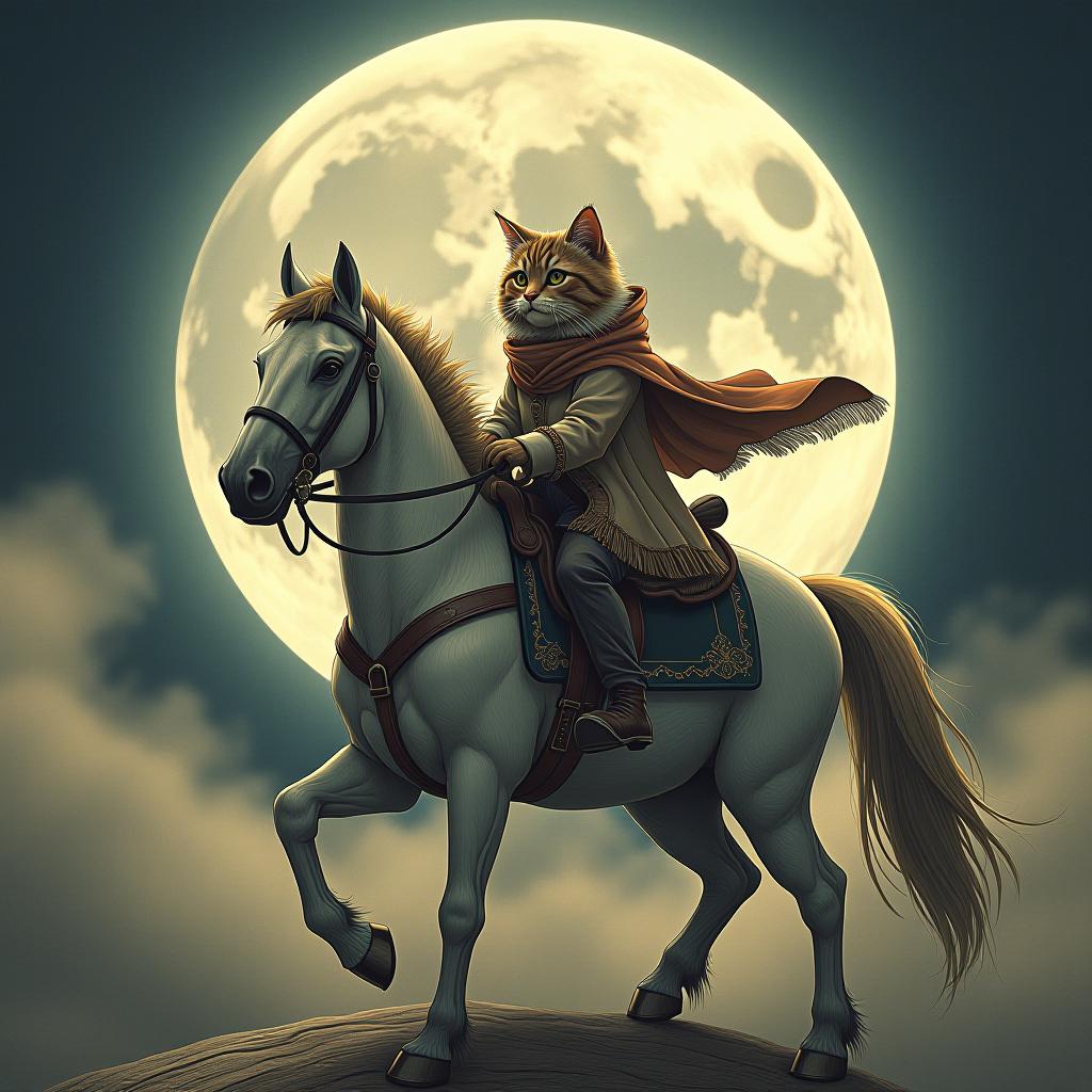  a cat riding a horse, hand drawn, on the moon, studio light, hdr 4k hyperrealistic, full body, detailed clothing, highly detailed, cinematic lighting, stunningly beautiful, intricate, sharp focus, f/1. 8, 85mm, (centered image composition), (professionally color graded), ((bright soft diffused light)), volumetric fog, trending on instagram, trending on tumblr, HDR 4K, 8K