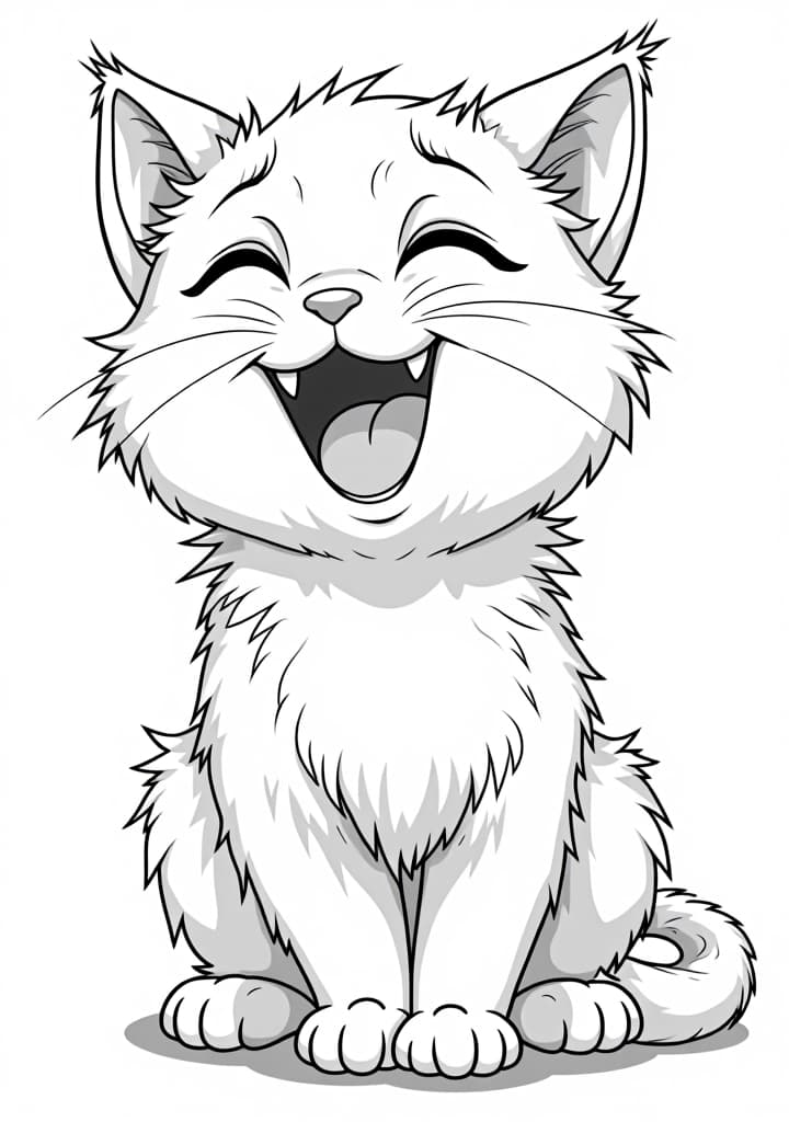  a coloring book page showing an adorable cat smiling widely while being playful, anime style with detailed fur and a cheerful expression, white backgroundhyper detail, intricate details, sharp focus, high resolution, 8k, ultra detailed, vib