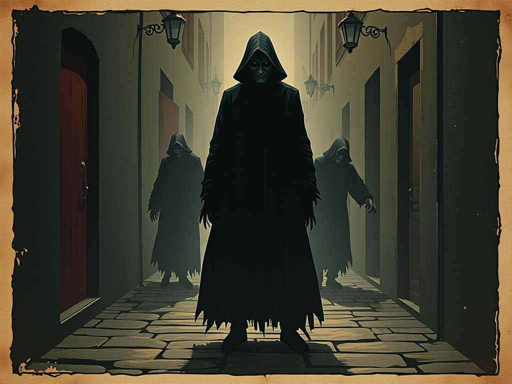  figures in shadows, whispering malicious intents, dark alleyway, tense, sinister atmosphere, palpable envy. an illustration in the style of a worn, mystical old tarot trump card, mysterious and elements of surrealism. the colors are muted, somber and eerie, but with contrast bring out an occult and esoteric vibe.