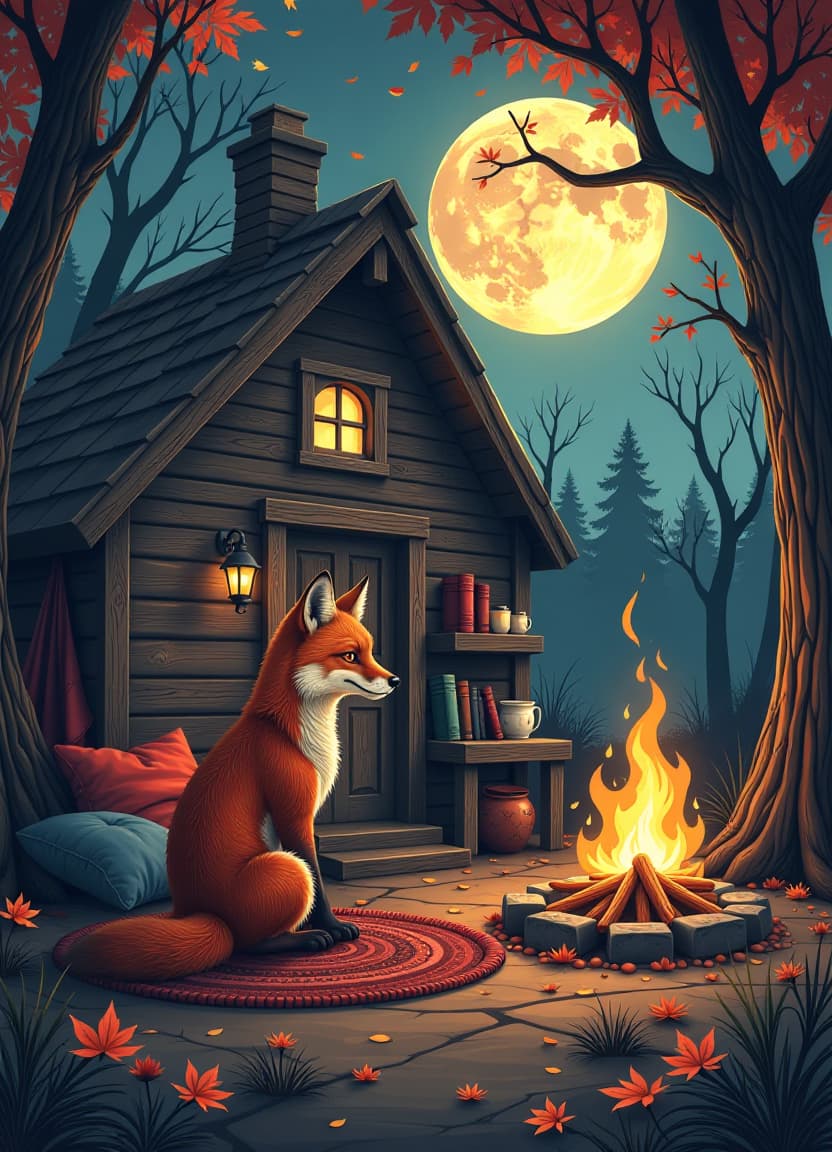  coloring book page a cozy and spooky scene featuring a small cabin in the woods, lit by the soft glow of the full moon. inside the cabin, willow the charming fox sits by a crackling fire, surrounded by soft cushions and wooden furniture. books, candles, and cups of tea are scattered around the room. the atmosphere is warm and cozy, with shadows cast by the firelight on the rustic wooden walls. outside, fallen leaves swirl in the autumn breeze. the scene exudes an eerie yet comforting feel., high quality, high details, hd, perfect composition, 4k epic detailed, highly detailed, sharp focus, high resolution