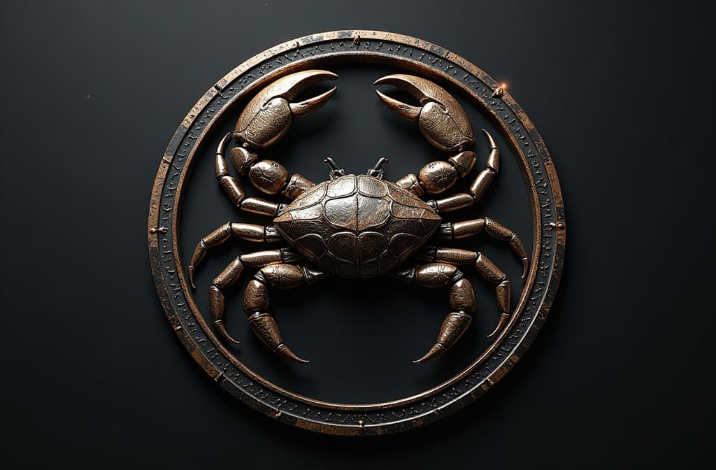  epic realistic, hyperdetailed, (cycles render:1.3), caustics, (glossy:0.58), (artstation:0.82),zodiac sign cancer logo badge design metal style, in the center of the frame, dark monochromatic background ar 3:2